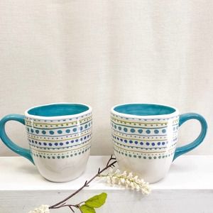 2 Fresh Coffee Mugs bright blue interior Dots & Dashes Hand Painted.